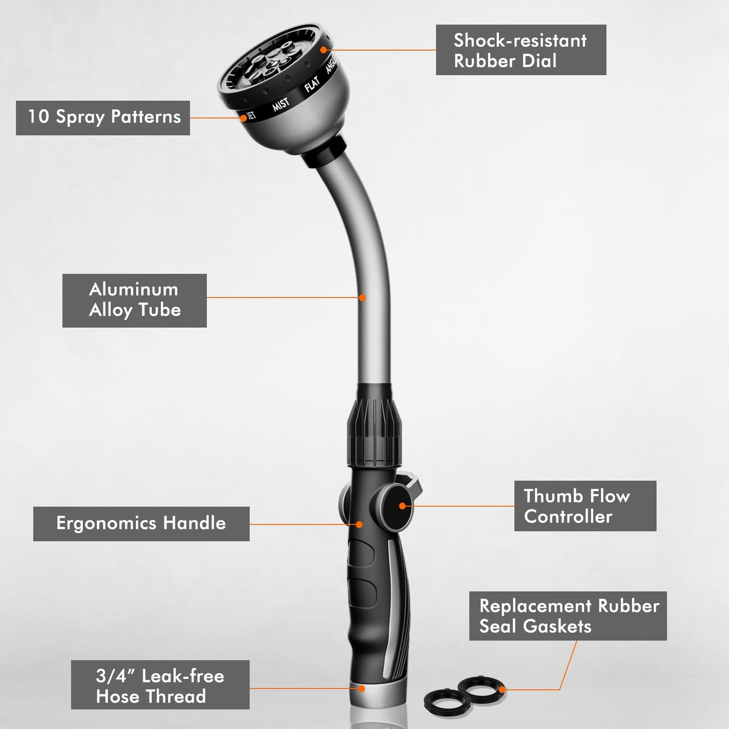 RESTMO Watering Wand Heavy Duty, Metal Garden Hose Wand with Thumb Flow Control, 15-Inch Long Hose Nozzle Sprayer with 10 Spray Patterns, Ideal to Water Hanging Baskets and Shrubs, Silver
