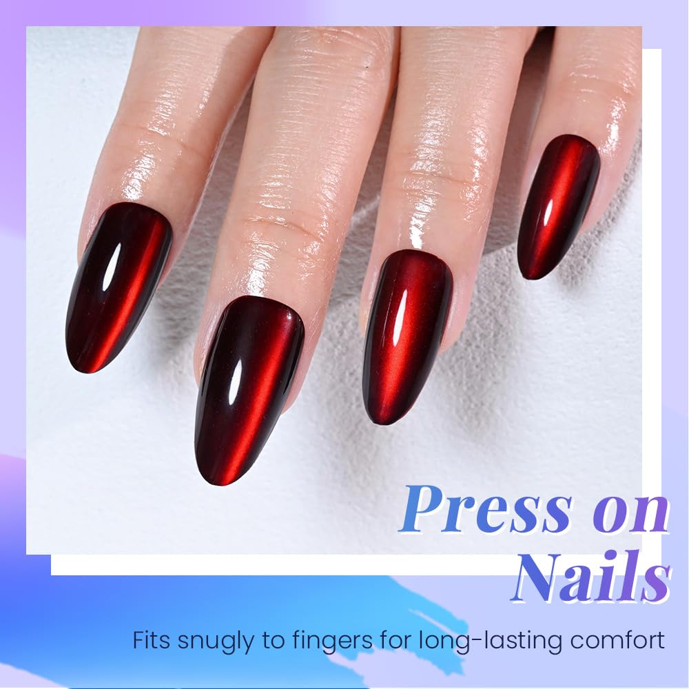 evpct Oxblood Red Cat Eye Chrome Press on Nails Almond Medium No Glue, Holographic Medium Almond Stick on Fake Nails for Women Gift, Glossy Cat Eye Effect, Perfectly Fit Salon-quality Soft False Nail