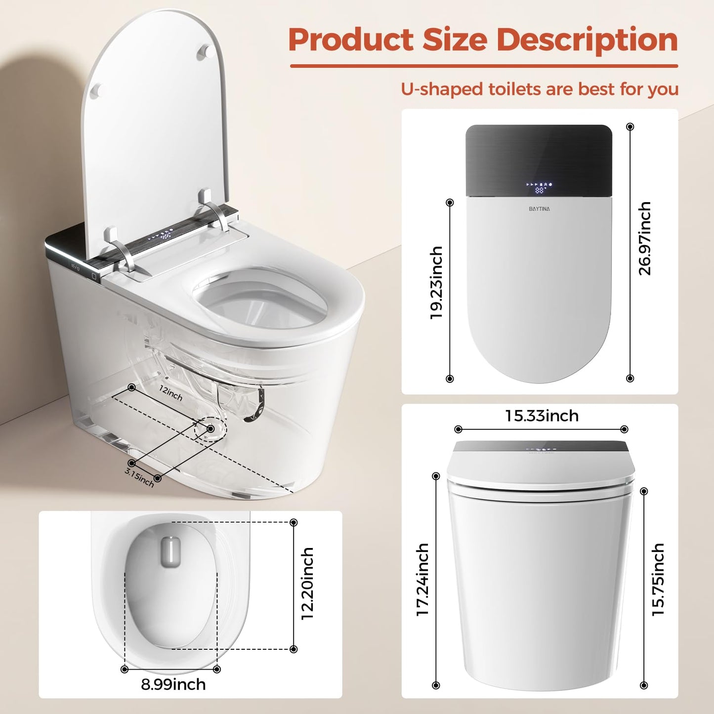 BAYTINA Smart Toilet, One Piece Toilet with Bidet Built in, Modern Tankless Toilet with Heated Toilet Seat, Bidet Warm Water, Dryer, Auto Toilet Flushing, Foot Sensor Operation