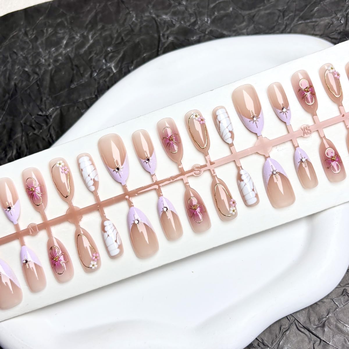 Medium Almond Press on Nails Purple French Tip Fake Nails Pink Flower 3D Gold Lines Rhinestones Design Full Cover Glossy Glue on Nails for Women 30PCS