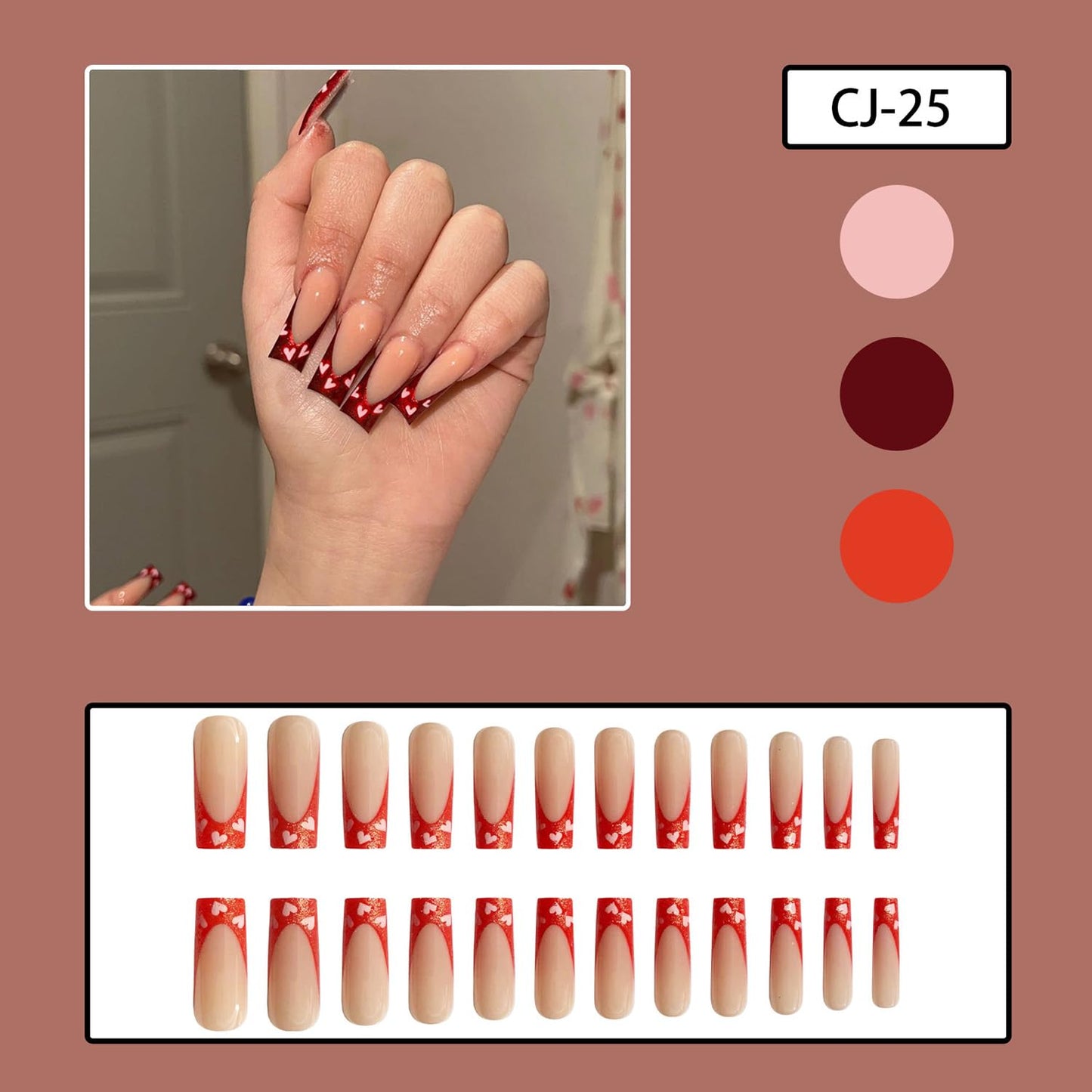Vezocim Red French Tips Press on Nails Coffin Long 24Pcs Valentine's Day Glossy Full Cover Acrylic Square Fake Nails with Heart Designs Extra Long Coffin False Nails Glue on Fingernails for Women