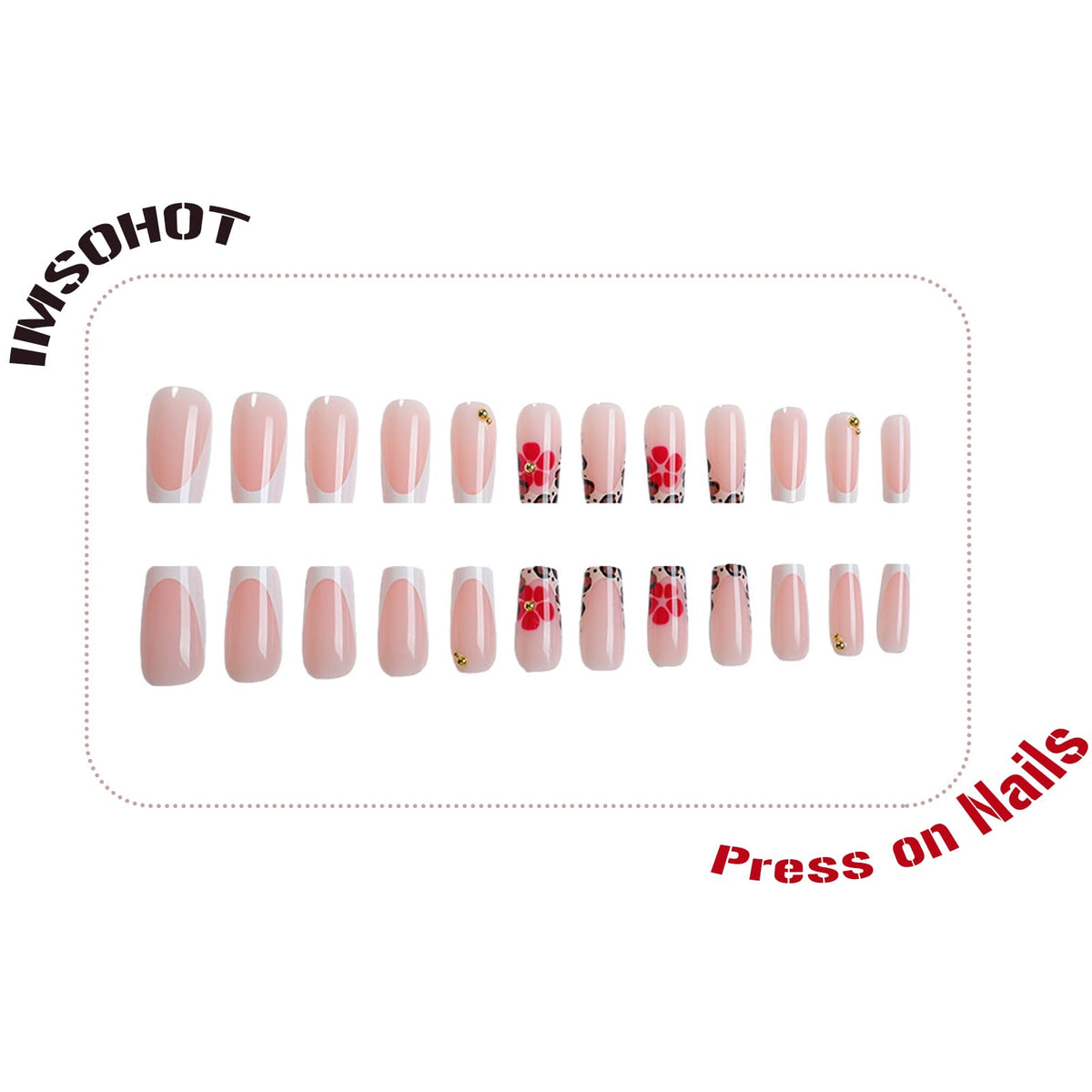 IMSOHOT Press on Nails Long Square Fake Nails - Leopard Print French Tips, Red Flower, Glossy Acrylic False Nails Glue Stick on Nails for Women Girls DIY Manicure Supplies