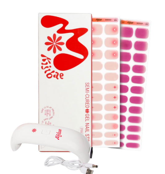 Pink & Light Pink Semi Cured Gel UV Nail Wraps + UV Lamp - 48 pcs Trendy Style Gel Polish Strips, Requires 60s, Salon Quality, Girl Coquette Nail Wraps Durable up to 3-Weeks