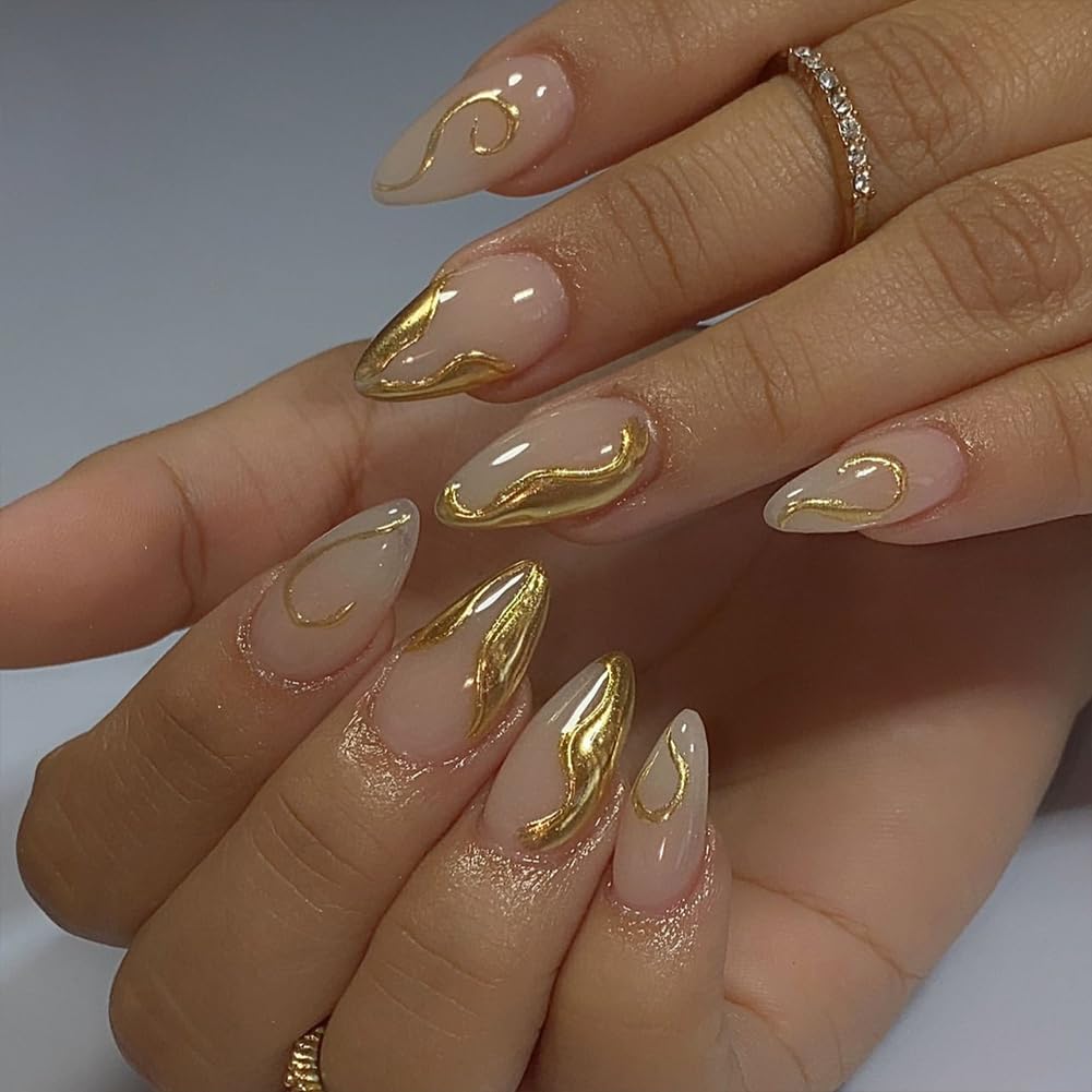 Hrnsnails Nails Press on, Short Almond Press On Nails Nude Fake Nails with Glod French Tip Summer Nails 3D Design, Acrylic Artificial False Nails Press Ons Stick On Nails for Women