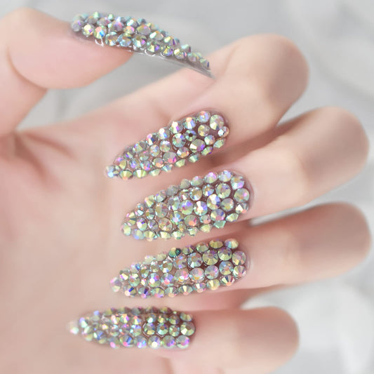 All Diamond Gorgeous, Press On Nails Long Stiletto EchiQ, Rhinestone Gem 3D Nails Art Design Fake Nails, French Acrylic Glossy Almond Faux Ongles Kits, Reusable Full Cover for Women Girls Gift, 24 pcs