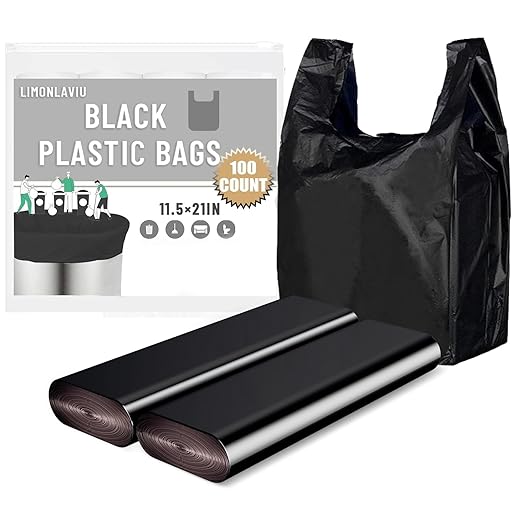 LimonLaviu Black Plastic Grocery Bags, 100 Pack, 11.5'x 6.5" x 21', 22 Pound Capacity, Heavy Duty, Unscented