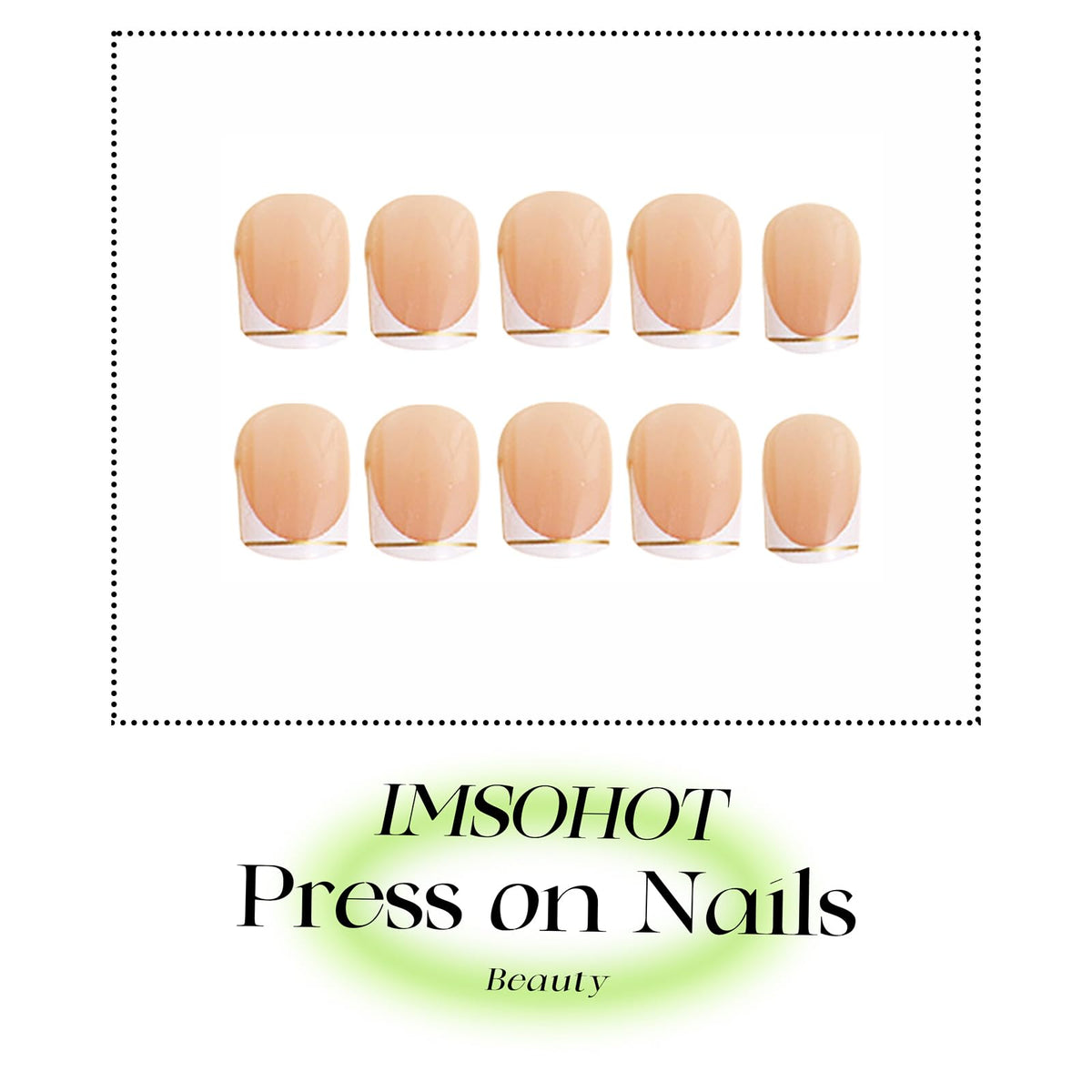 IMSOHOT Press On Nails - White French Tip | Golden Line Designs Short Square Fake Nails, Full Cover, Acrylic, Glossy, Nude False Nails | 12 Sizes - 24 Nail Kit