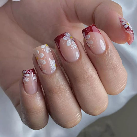 CTTHNBD Press on Nails Square - Short Fake Nails with Flower Design - Red French Tip, Spring False Nails Stick on - for Women 24 Pcs