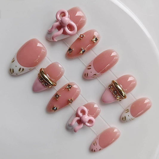 Gleamrain Cute Almond Handmade Press on Nails Medium for Women, Handcrafted Luxury Rhinestones Design Reusable Pink Full Cover Fake Nail Cute French Design for Daily Wear Holiday D312