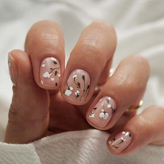 Extra Short Press on Nails Square Fake Nails Nude Nails Press ons with White Flower Designs Spring Summer False Nails Reusable Acrylic Nails Glossy Full Cover Stick on Nails for Women Manicure 24Pcs