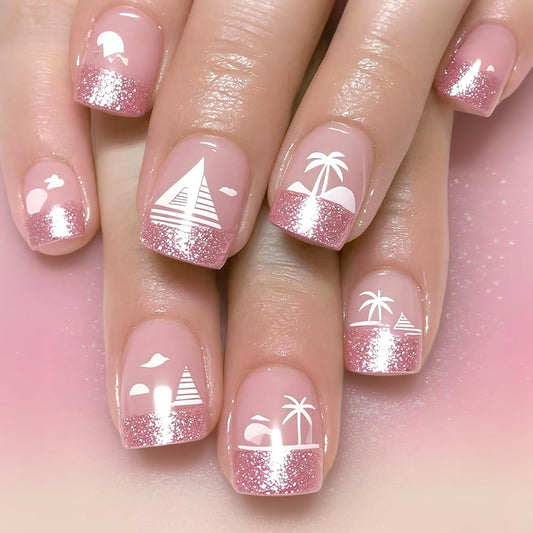 Taoyisent Pink Glitter Press On Nails Short Square 24PCS Soft Gel Reusable Fake Nails Beach Palm Tree Design Full Cover Stick On Nails for Women