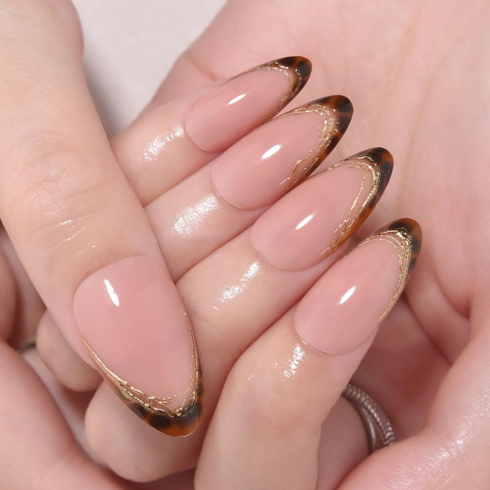 evpct Nude Glitter Press on Nails Short Almond with 3D Gold Line, Sexy French Tip Stick on Nail for Women, Reusable Full Cover Soft Gel Press on Fake Nail with Gold Line Design Perfectly Fit