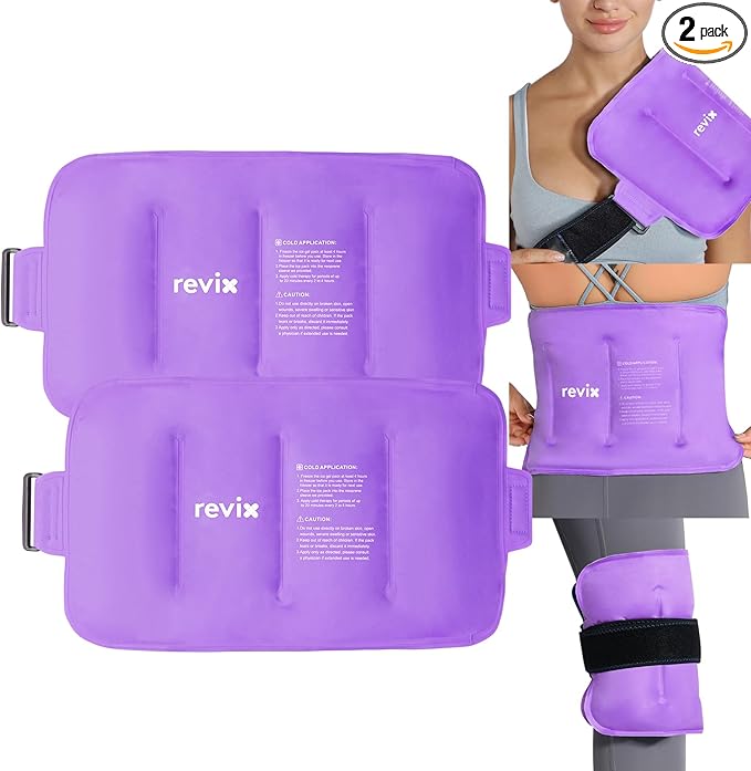 REVIX 2-Pack Large Cold Packs for Back, Rotator Cuff, Hip, Knee, and Shin, Versatile Cold Compress with Soft Plush Lining and Strap, 16" Ã 9"