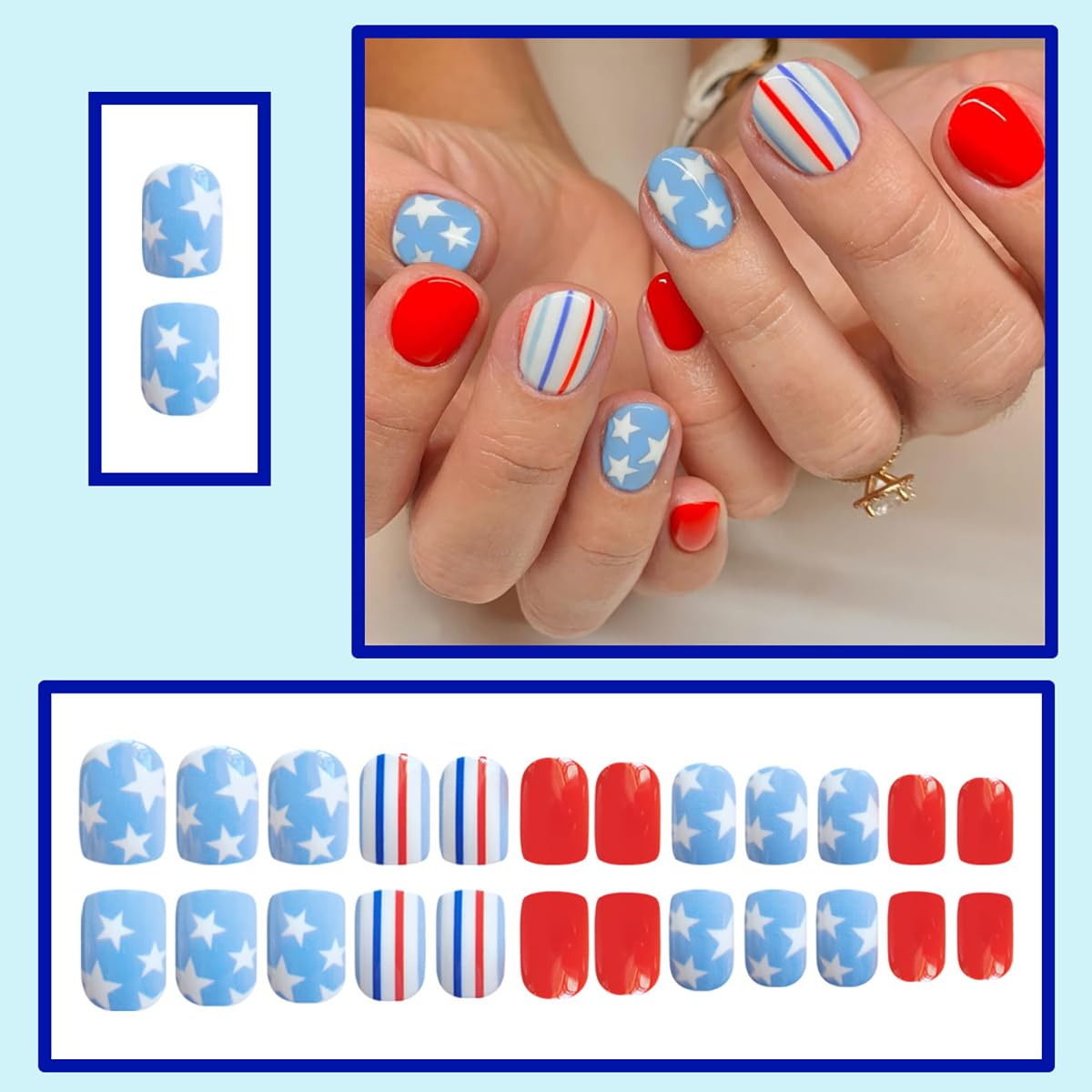 4th of July Press on Nails Square Short Fake Nails Star Nails Design Independence Day False Nails Blue Red Striped Patriotic Glue on Nails Glossy Acrylic Nails for Women Summer Holiday Manicure 24Pcs