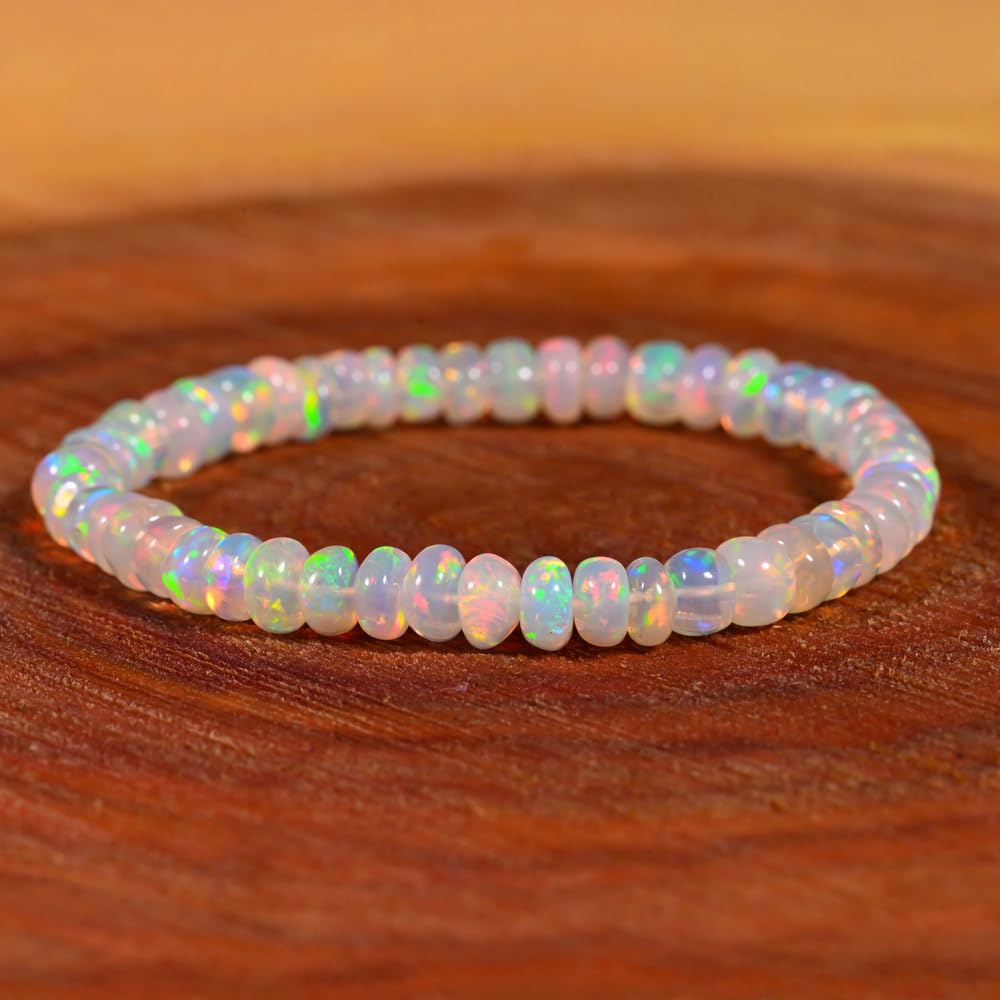 GEMS OF BAY Natural Ethiopian Opal Bracelet, Stretchable Bracelet, Welo Fire, Smooth Bracelet, Jewelry, Beads Bracelet, (7 inch)