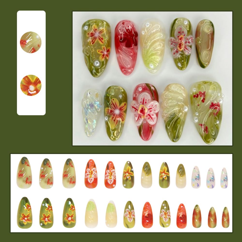 24 Pcs Retro Green Press on Nails Short Almond,MINGCHUN Fall Fake Nails Press ons Acrylic Nail Art Tips Kit Full Cover False Nails Glue on Nails with Flowers 3D Texture Design for Women Nail Supplies