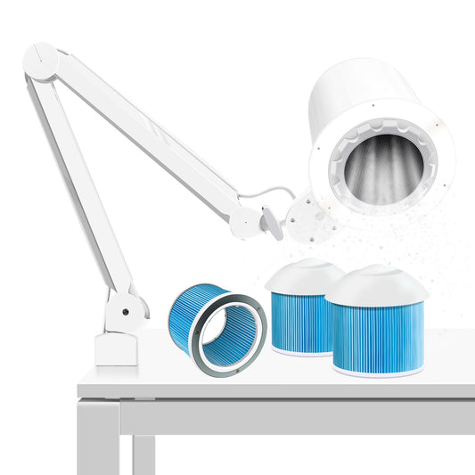Professional Nail Dust Collector Pedicure, Overhead Manicure Vacuum Cleaner Extractor Table Mount Clamp for Salon Acrylic Nails, 80W Powerful Fan Suction Led Dimmable Lamp (3PCS Reusable Filters)