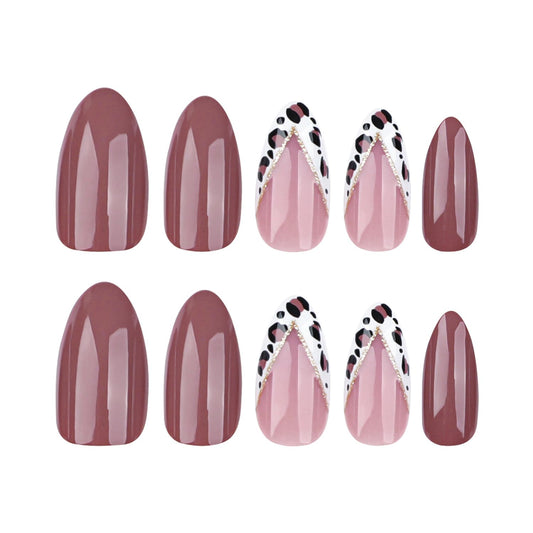 Press On Nails Medium Almond, Glossy Brown Pink Fake Nails with Leopard French Tip Design, Elegant Trendy False Nails for Women, 24PCS Reusable Nail Set