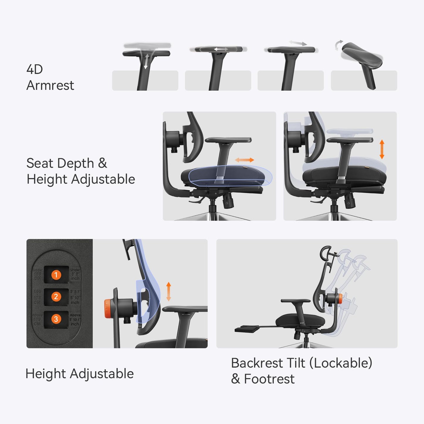 Newtral Ergonomic Home Office Chair-Office Desk Chair with Footrest, Auto-Following Backrest & Headrest, 4D Armrests, 96°-136° Recline (Black, with Laptop Table)