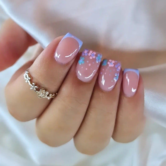 French Tip Press on Nails Short Square Fake Nails Flower False Nails Spring Floral Acrylic Nails Reusable Full Cover Stick on Nail for Women