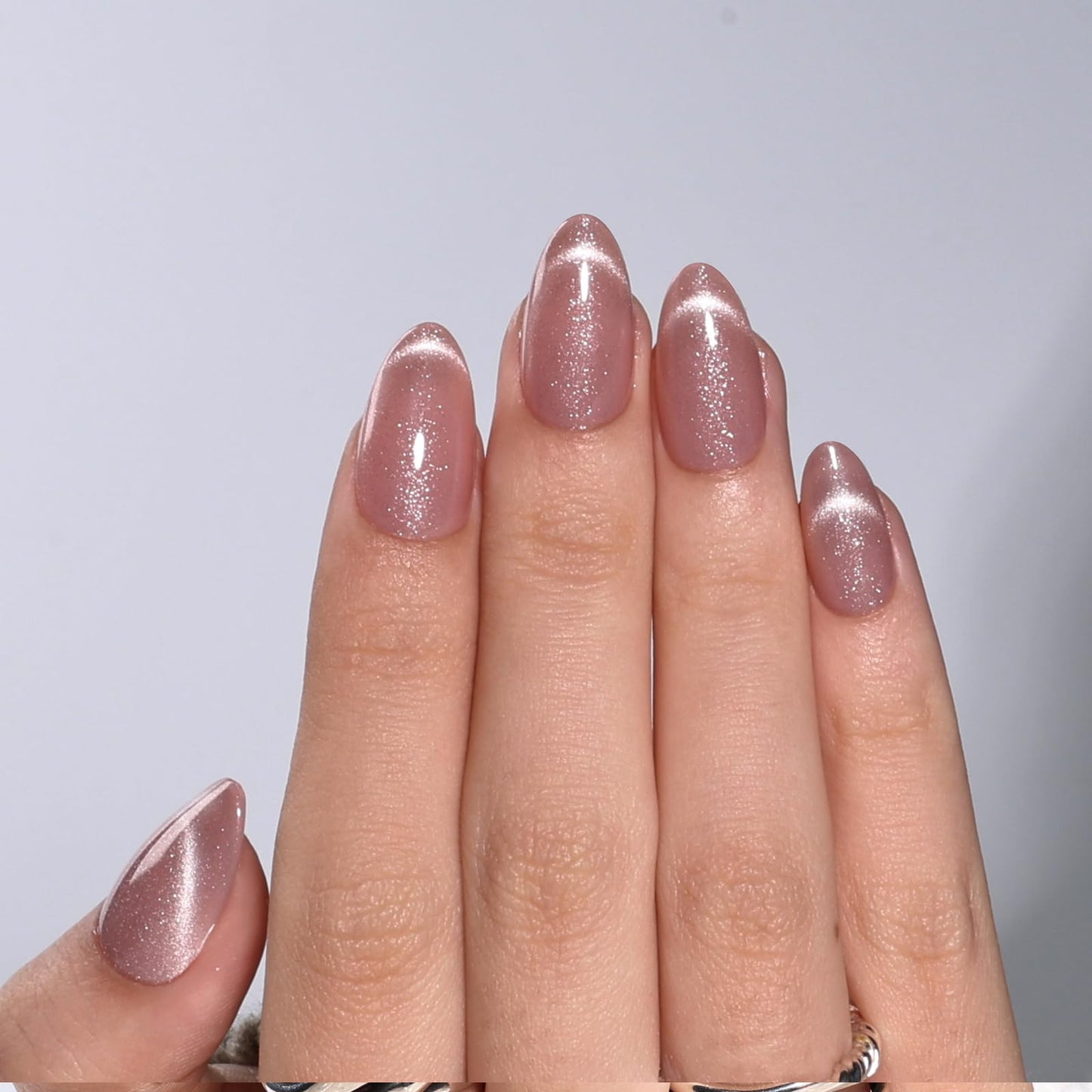 Pink Cat Eye Press On Nails - Short Almond Cat Eye French Tip Press On Nails Press Ons for Women Fake Nails with Glue, Glossy Reusable Glue on Nail in 16 Sizes - 32pcs