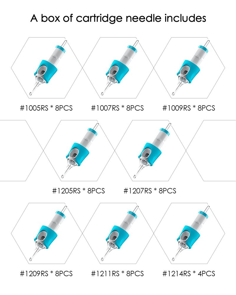 60 Assorted Tattoo Needles Cartridge Mixed Size #10 Bugpin Round Shader 5RS 7RS 9RS and Size #12 Standard Round Shader 5RS 7RS 9RS 11RS 14RS Disposable Membrane EN05S-BFG-60KIT-S