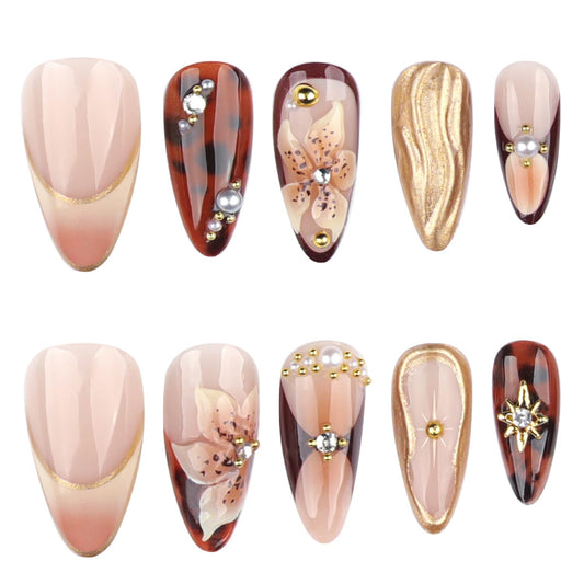 24Pcs Almond Press on Nails Medium Fake Nails with Brown Flower Designs French Nails Star Press ons Pearl Jewelry Glue on Nails 3D Gold Texture False Nails Acrylic Nails Cute Stick on Nails for Women