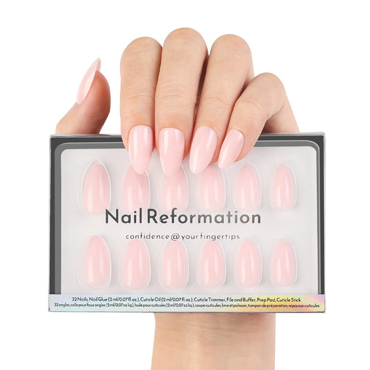 Nail Reformation Press On Nails, Soft Pink Short Almond Fake Nails in Glossy Finish, Salon Quality, Natural Reusable Opaque Stick On Nails in 16 Sizes - 32 Nail Kit with Glue, Manicure Gifts for Women