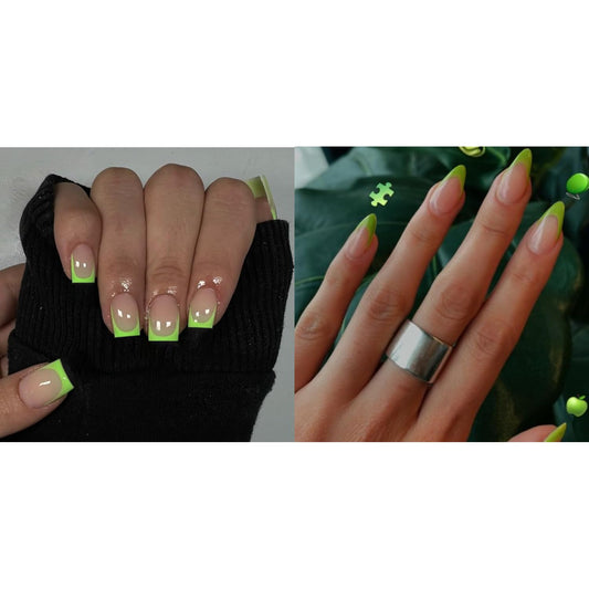 KXAMELIE Neon Green French Press on Nails Short Square&Neon Green French Press on Nails Short Almond For Beach Party Daily Decoration in 54 PCS