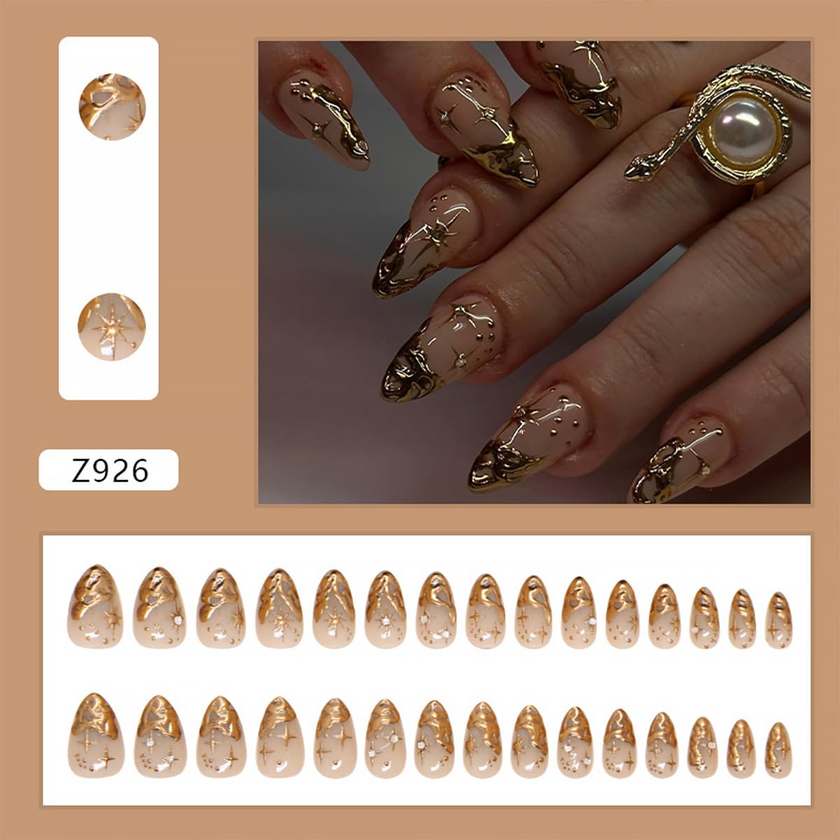 24Pcs Gold French Tip Press on Nails Short Almond Fake Nails 3D Gold Irregularity Design Nude Full Cover Glue on Nails Star Moon Stick on Nails Chrome False Nails for Women Acrylic Manicure Salon DIY