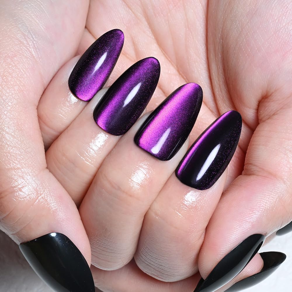 evpct Purple Cat Eye Chrome Press on Nails Almond Medium with Design, Purple Holographic Medium Almond Stick on Fake Nails for Women, Glossy Cat Eye Effect, Perfectly Fit Salon-quality Soft False Nail