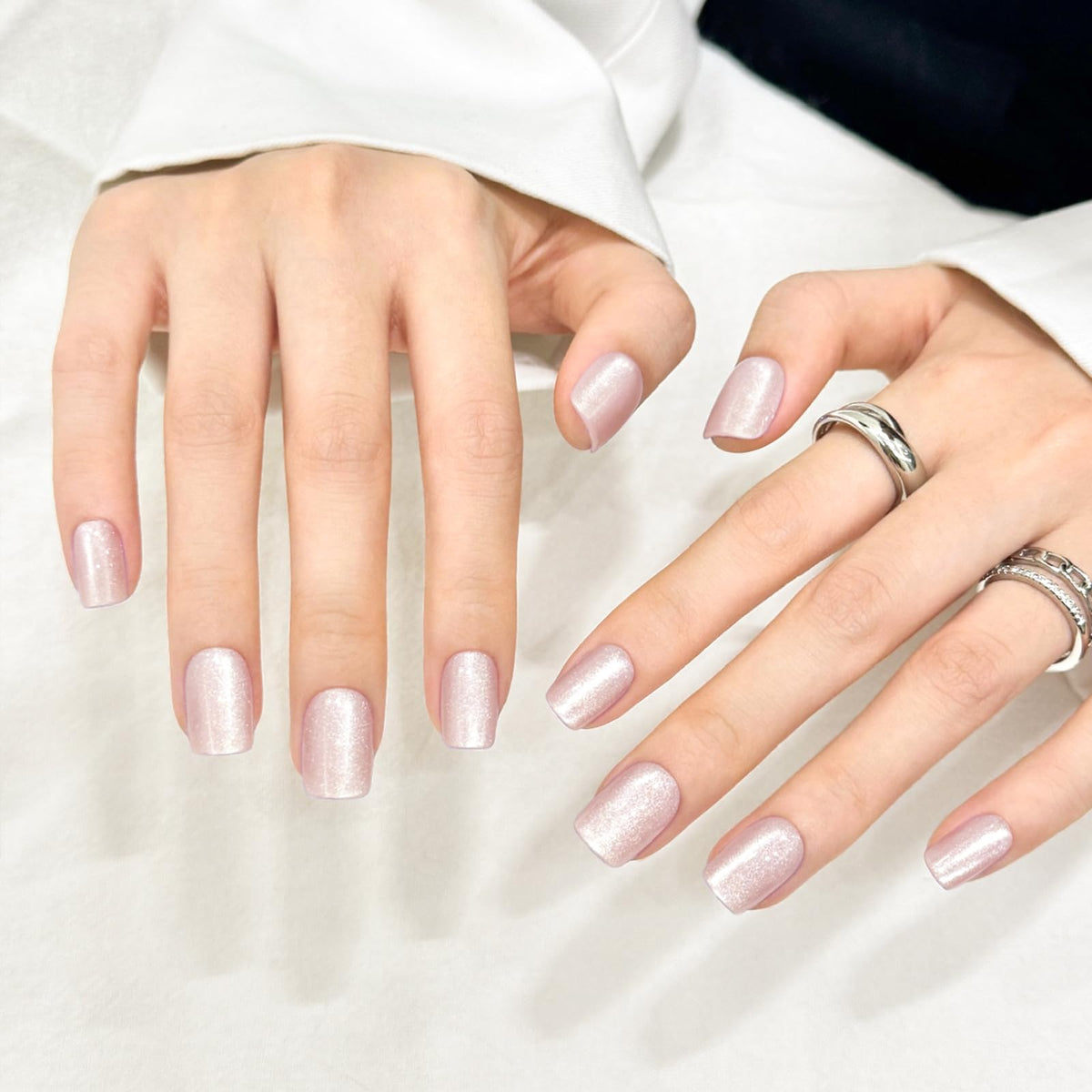 Moon White Cat Eyes Press On Nails,12 Sizes - 24 Pcs Soft Gel White Short Squoval Fake Nails Kit with Nail Glue, Natural Reusable Stick On False Nails for Women and Girls SK1064