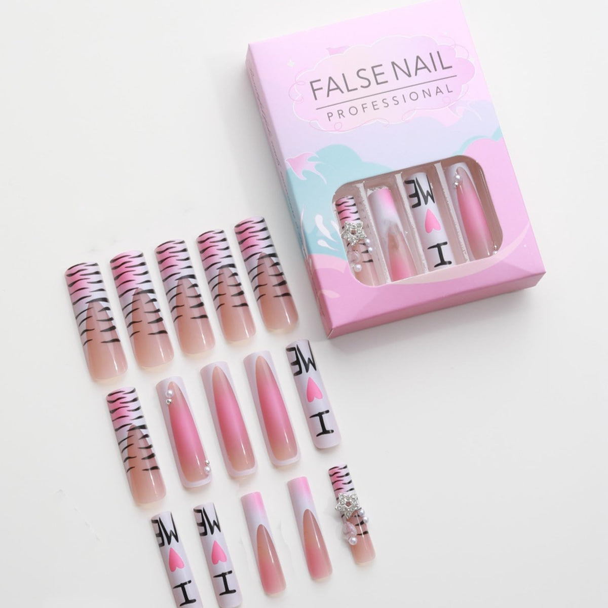IMRAIN Long Press on Nails Square Fake Nails with Y2K Charms Design White French Tip Acrylic False Nails Pink Ombre Full Cover Glossy Cute Extra Long Stick on Nails for Women