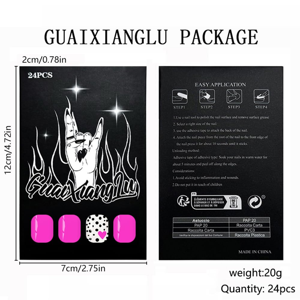 Valentine’s Day Press on Nails Short Square Fake Nails with Rose Red Heart Black Polka Dots Designs Pink Nails Press ons Glossy Glue on Nail Acrylic Nails Full Cover Stick on Nail for Women 24Pcs