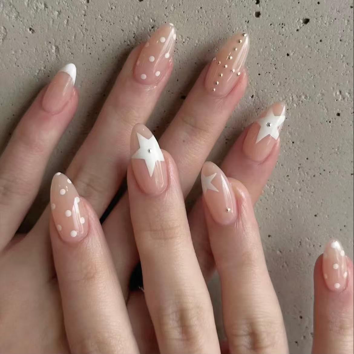 Handmade French Tip Press on Nail Almond Fake ons with Designs Chrome False Nails Long Glossy Full Cover Glue on Nails Stick Women Nails Manicure Decoration 10Pcs (MT-177-S)