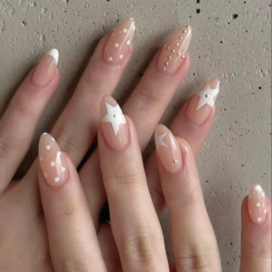 Handmade French Tip Press on Nail Almond Fake ons with Designs Chrome False Nails Long Glossy Full Cover Glue on Nails Stick Women Nails Manicure Decoration 10Pcs (MT-177-S)