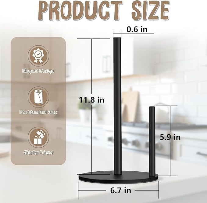 Paper Towel Holder Countertop, Premium Stainless Steel Black Paper Towel Holder with Anti Slip & Waterproof, Freestanding Countertop Paper Towels Holder for Kitchen, Tabletop, Bathroom