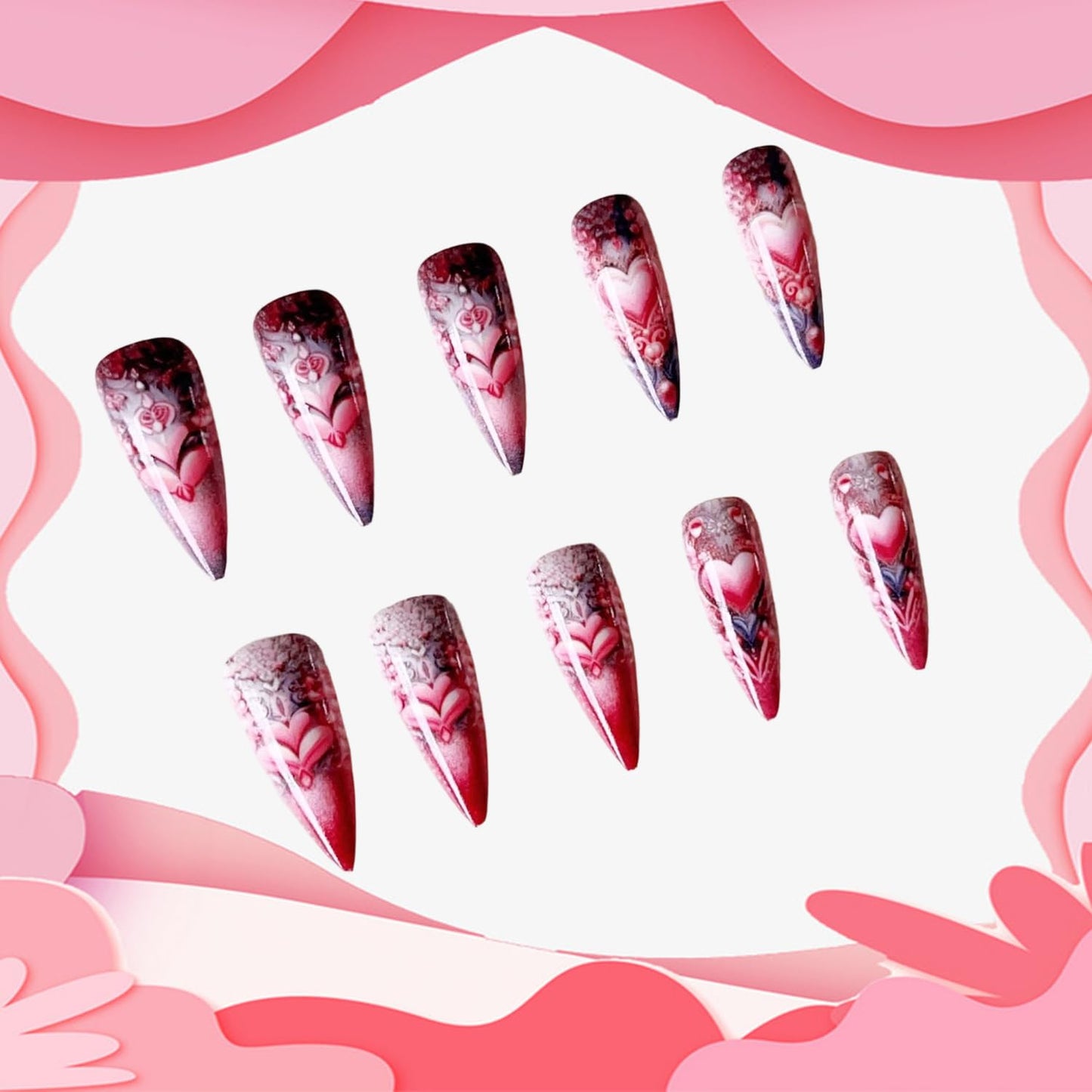 Heart Press on Nails Extra Long Artificial Acrylic Pink Multi Layered love Fake Nails Pink Rose Coffin Nails Full Cover Glossy Valentines Stick on Nail Artificial Fingernails Women Festival Manicure