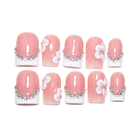 EasierGlow 10 Pcs Handmade Short Square Press On Nails - Easy Apply & Remove, Reusable Salon Quality | Pink White French Press Ons with 3D Flower & Iridescent Rhinestone Chain Accents (EGB01, S)