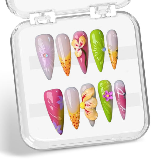 Press on Nails Handmade Stiletto Almond Shaped Medium False Nails Luxury 3D Flower and Droplet Design Full Cover French Tip Muti-Layer Gel Fake Nail Colorful Stick on Nails for Women DIY Nail Art（M)