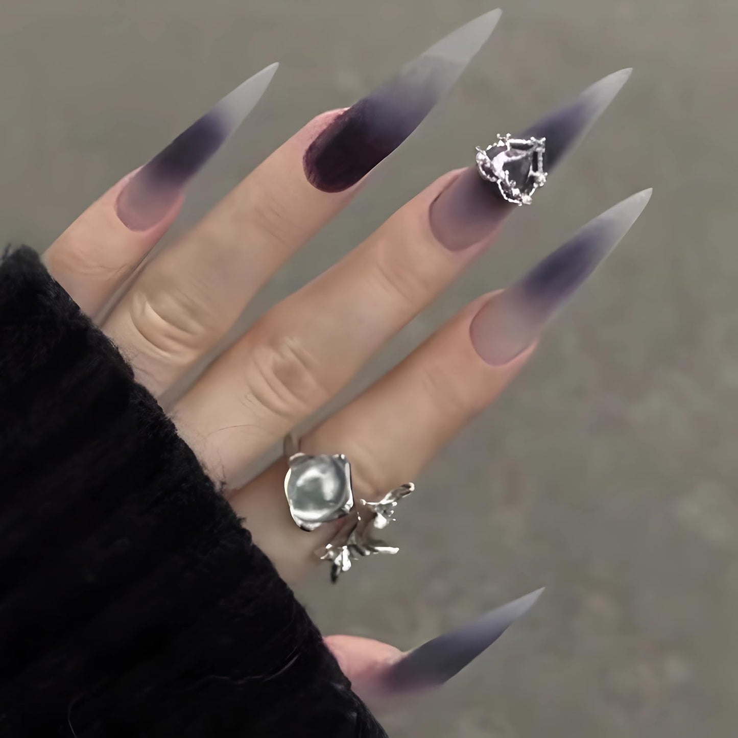 MISUD Press on Nails - Long Stiletto Glue on Nails with Goth Purple Black, Acrylic Rhinestone Design 24 pcs