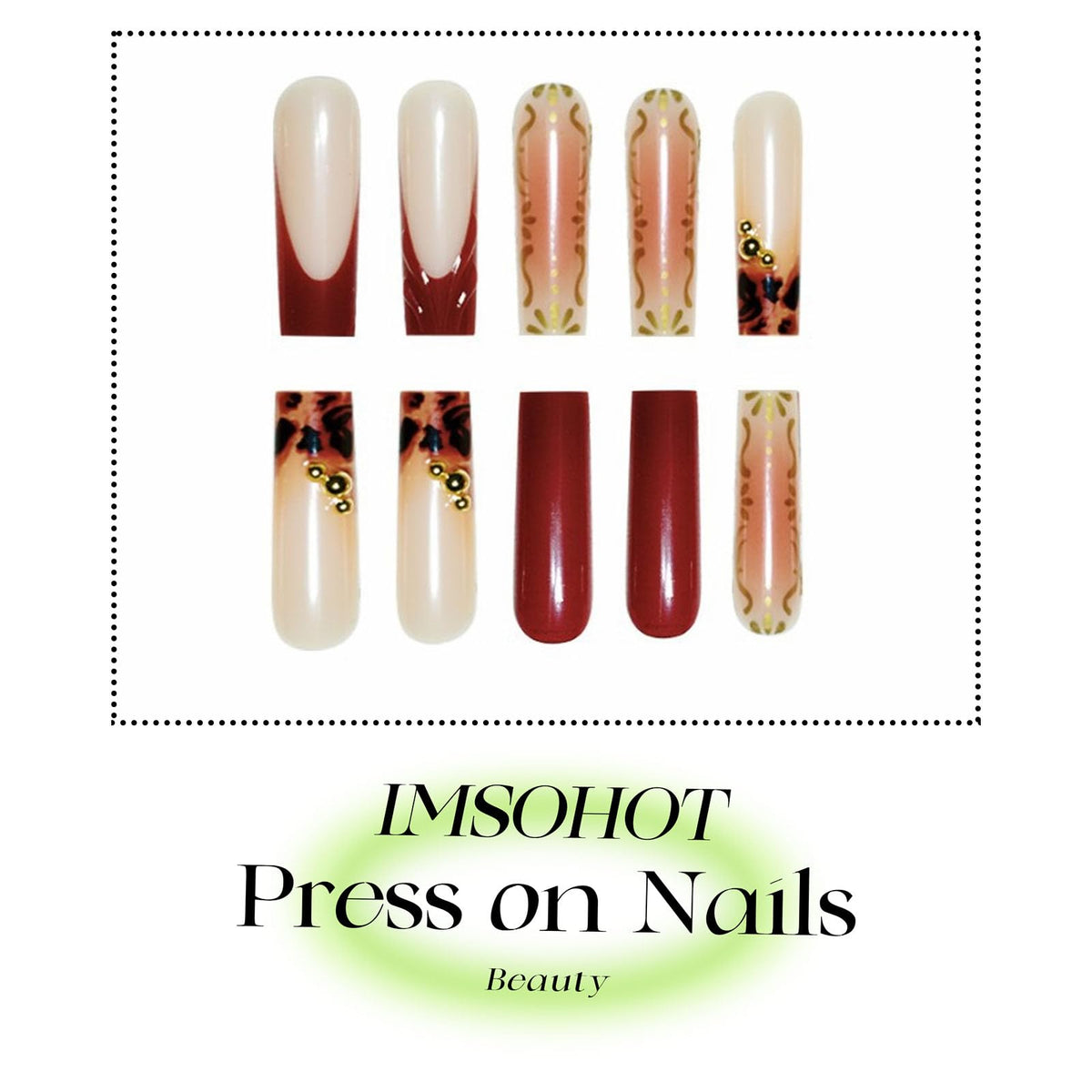 IMSOHOT Fall Press on Nails Long Square Fake Nails Brown Ombre French Nail Tips Chrome Golden Full Cover Acrylic Glue on False Nails for Women
