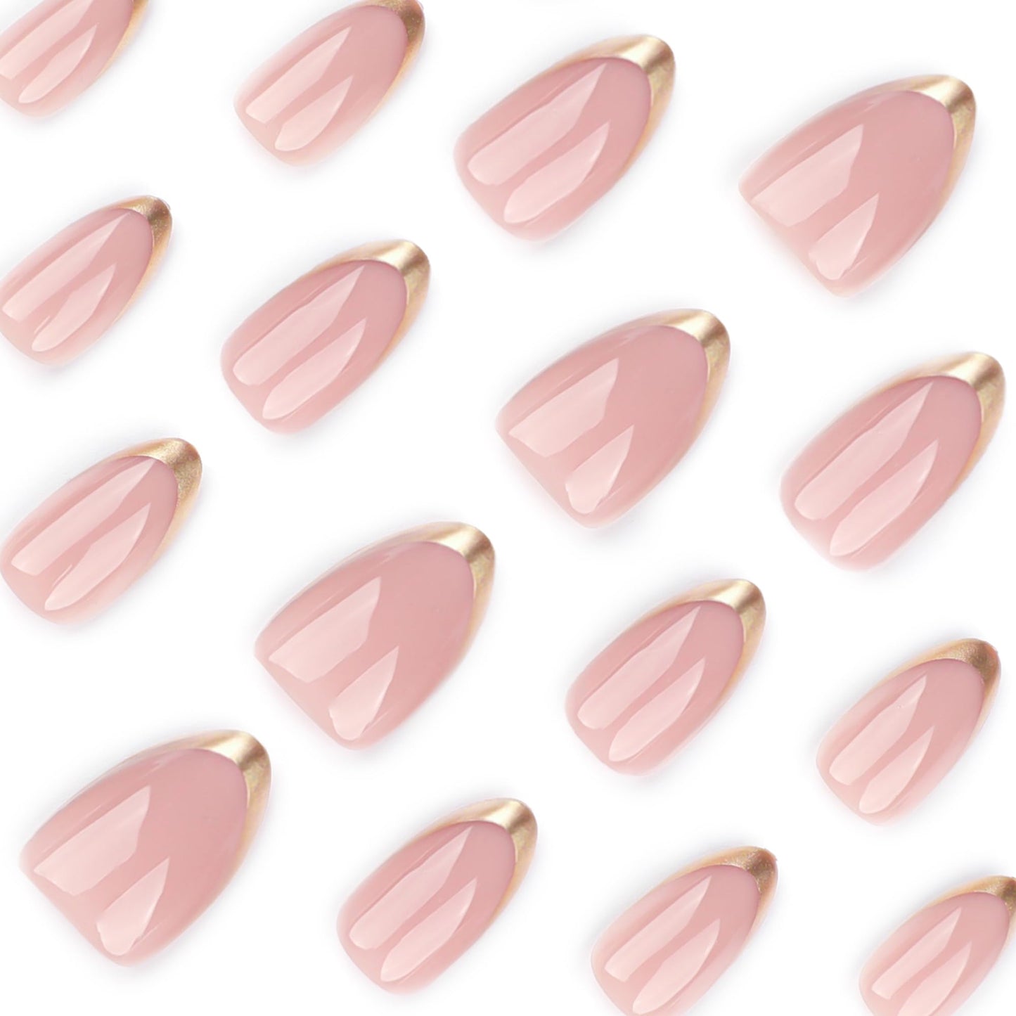 Stbisen Almond Press On Nails Short, Pink Fake Nails with Elegantly Crafted Gold French Tips, Glossy Gel Finish, Thick Natural Reusable Glue On Nails Kit for Women 24Pcs, Golden French Chic