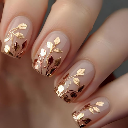 24pcs Medium Press on Nail Square Fake Nails with Gold designs 3D Leaf Pattern Stick on Nail Full Cover Luxury Press ones Acrylic False Nails Reusable Glue on Nails for Women Manicure Accessories