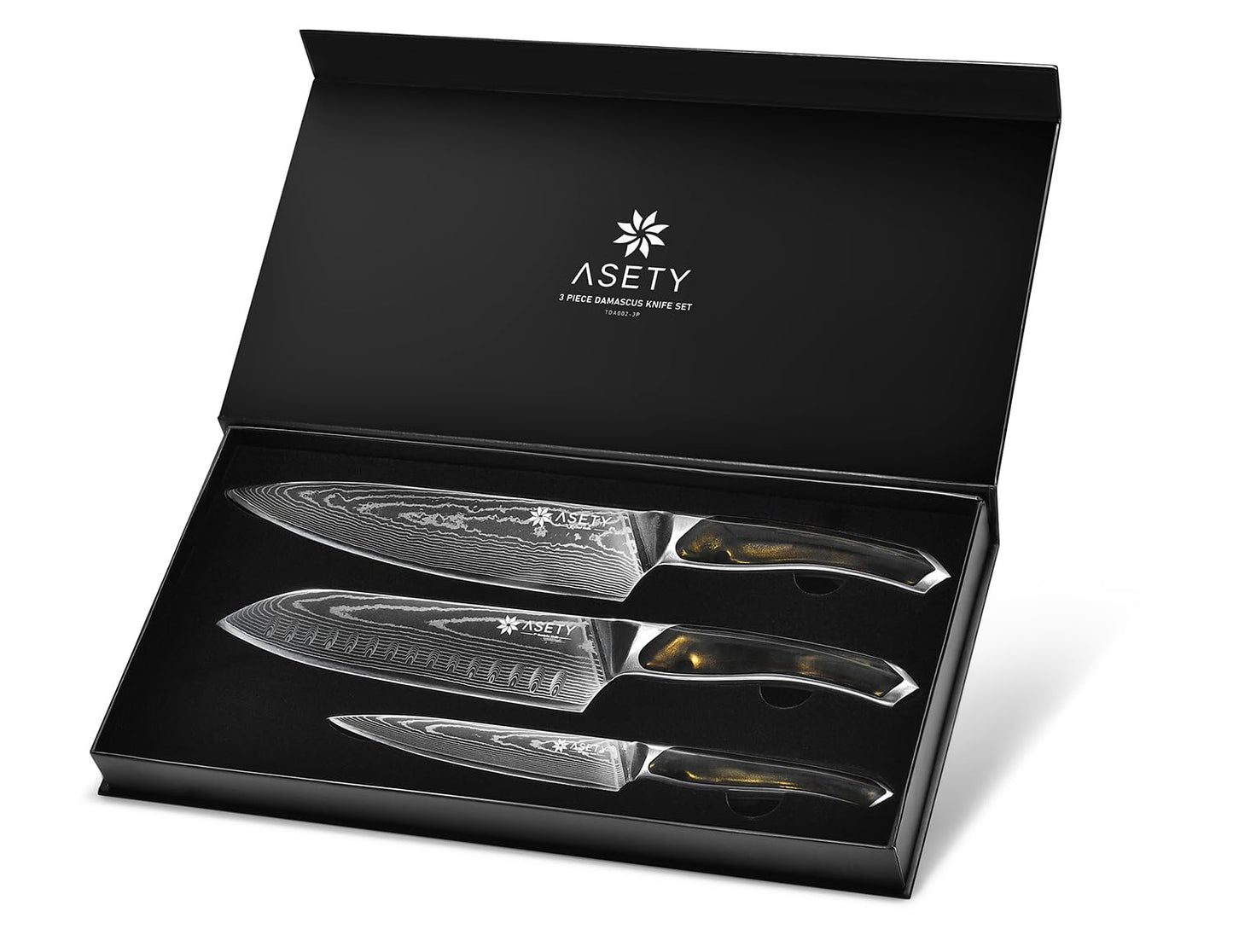 ASETY Damascus Knife Set 3 PCS: Ultra-Sharp Professional Chef Knife Set, Japanese Kitchen Knives with VG10 Steel Core, Full Tang Resin Handle, Elegant Box for Men Women