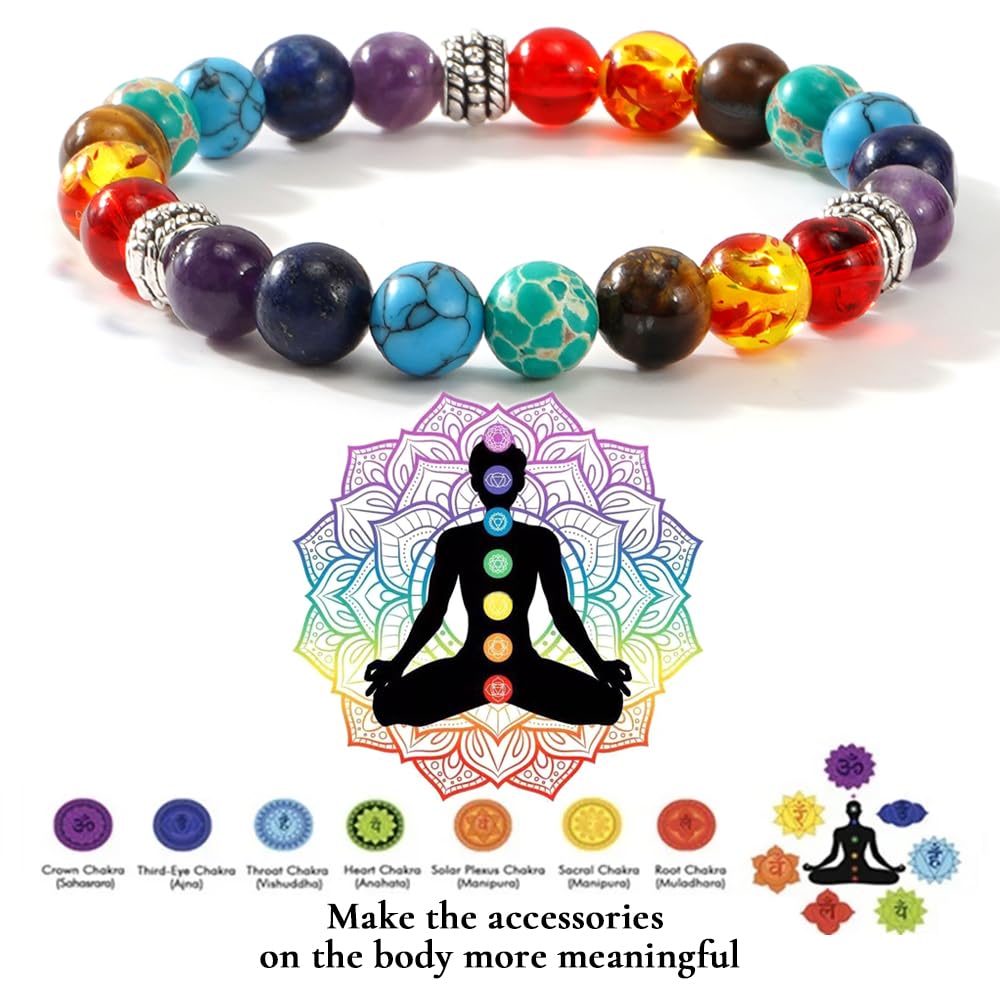 Bohxantium 7 Chakra Reiki Healing Beaded Bracelet Stack - Natural Stone Beads Bracelet for Anxiety Relief, Spiritual Energy Yoga Stackable Jewelry for Women Men, Meditation Relax Friendship Gift