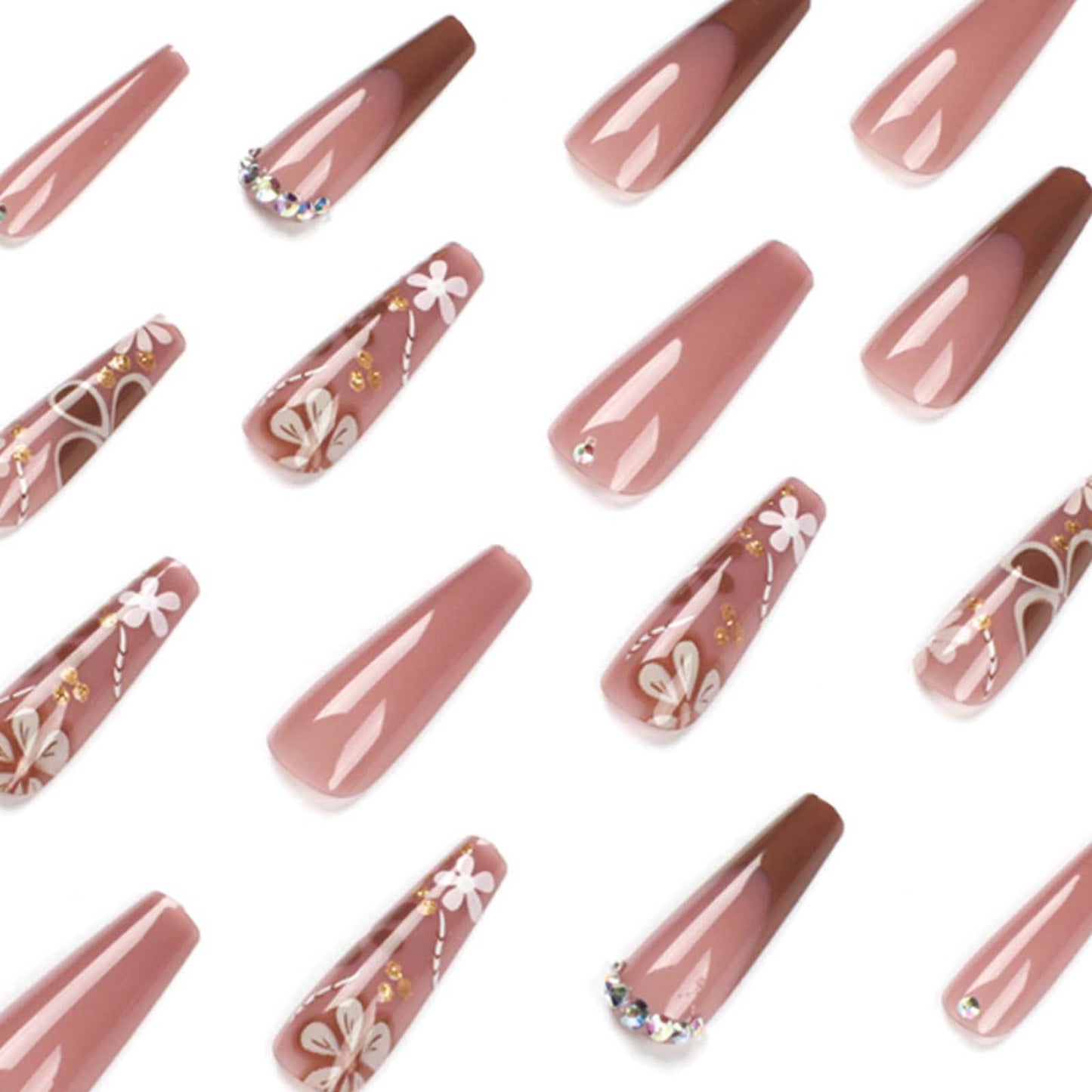 Hkanlre Coffin Long Press on Nails Acrylic Jelly Flower Fake Nails French Ballerina Full Cover Brown False Nails for Women and Girls 24PCS
