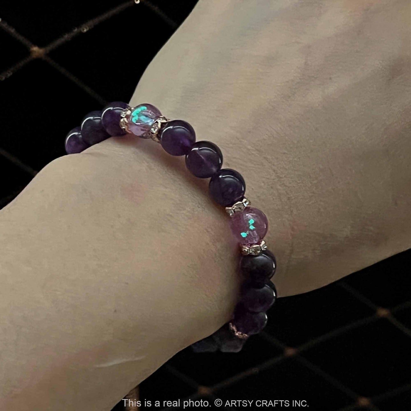 ARTSY Crafts Amethyst + Glow in The Dark Firefly Beads Bracelet, Handmade in USA, Luminous Murano Glass Beads Jewelry Mermaid Crystals (Amethyst - Slider)