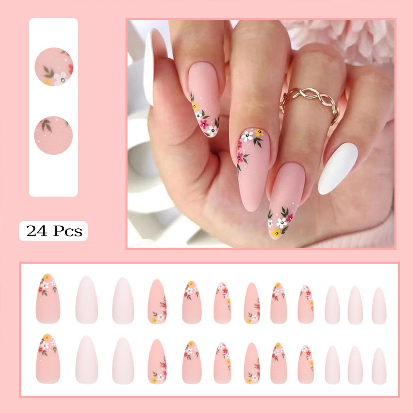 Almond Press on Nails - Pink Nude False Nails with French Flower Designs, Glossy Full Cover Stick on Nails for Women & Girls - 24pcs