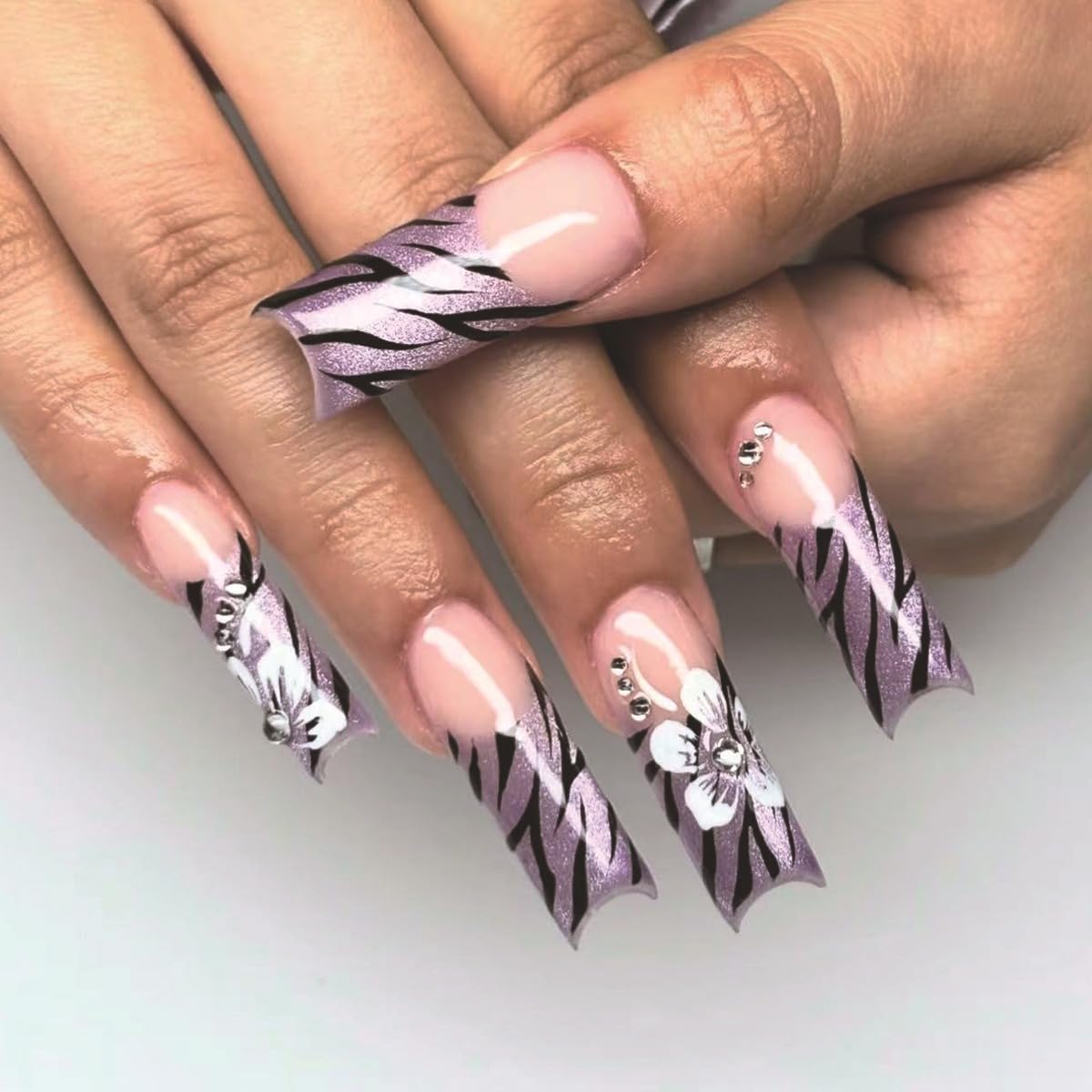 24Pcs Purple Press on Nails Long Coffin French Tip False Nails Glossy Flower Acrylic Fake Nails with Glitter Rhinestones Design Black Stripes Stick on Nails Reusable Glue on Nails for Women